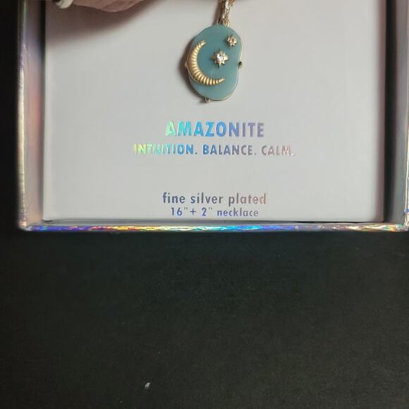 Amazonite File Silver Plated 16" + 2" Necklace with The moon and Stars Pendant - Picture 2 of 4